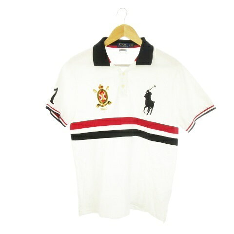 【中古】ポロ ラルフローレン POLO RALPH LAUREN ポロシャツ LG CUSTOM SLIM FIT 白 ホワイト ビッグポニー ロゴ刺繍 半袖 ストライプ柄 /CK3 ■GY11 メンズ 【ベクトル 古着】 260616
