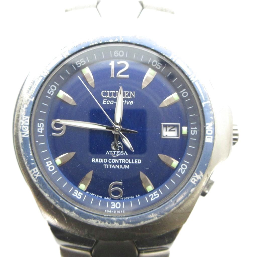【中古】シチズン CITIZEN ジャンク品 A412-T005701 腕時計 ATTESA エコドライブ ウォッチ カレンダー付き デイト 青文字盤 ベルト社外品 シルバー色 ■GY18 /MQ メンズ 【ベクトル 古着】 260816