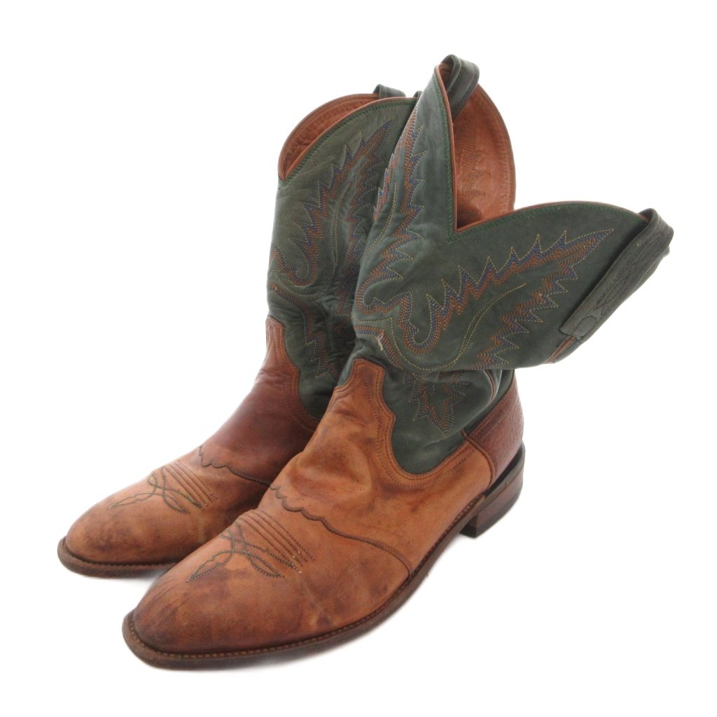 【中古】ルケーシー Lucchese Lucchese2000 ウエスタンブーツ ミドル ステッチ レザー 9.5 茶 ブラウン 緑 グリーン /FF ■GY18 【ベクトル 古着】 260827