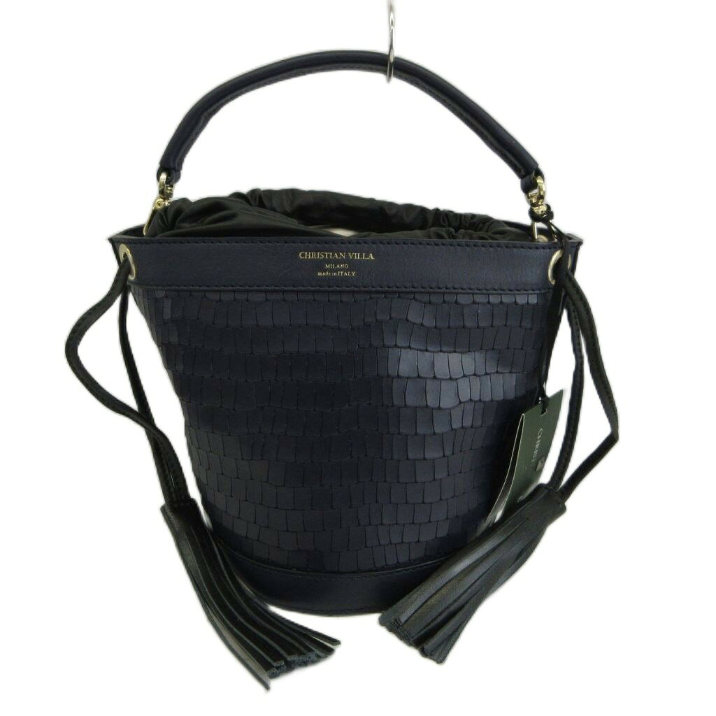 【中古】未使用品 クリスチャン ヴィラ CHRISTIAN VILLA ハンドバッグ ショルダー 2WAY レザー クロコ型押し 巾着 バケツ型 タッセル ロゴ 紺 ネイビー /XZ レディース 【ベクトル 古着】 261015