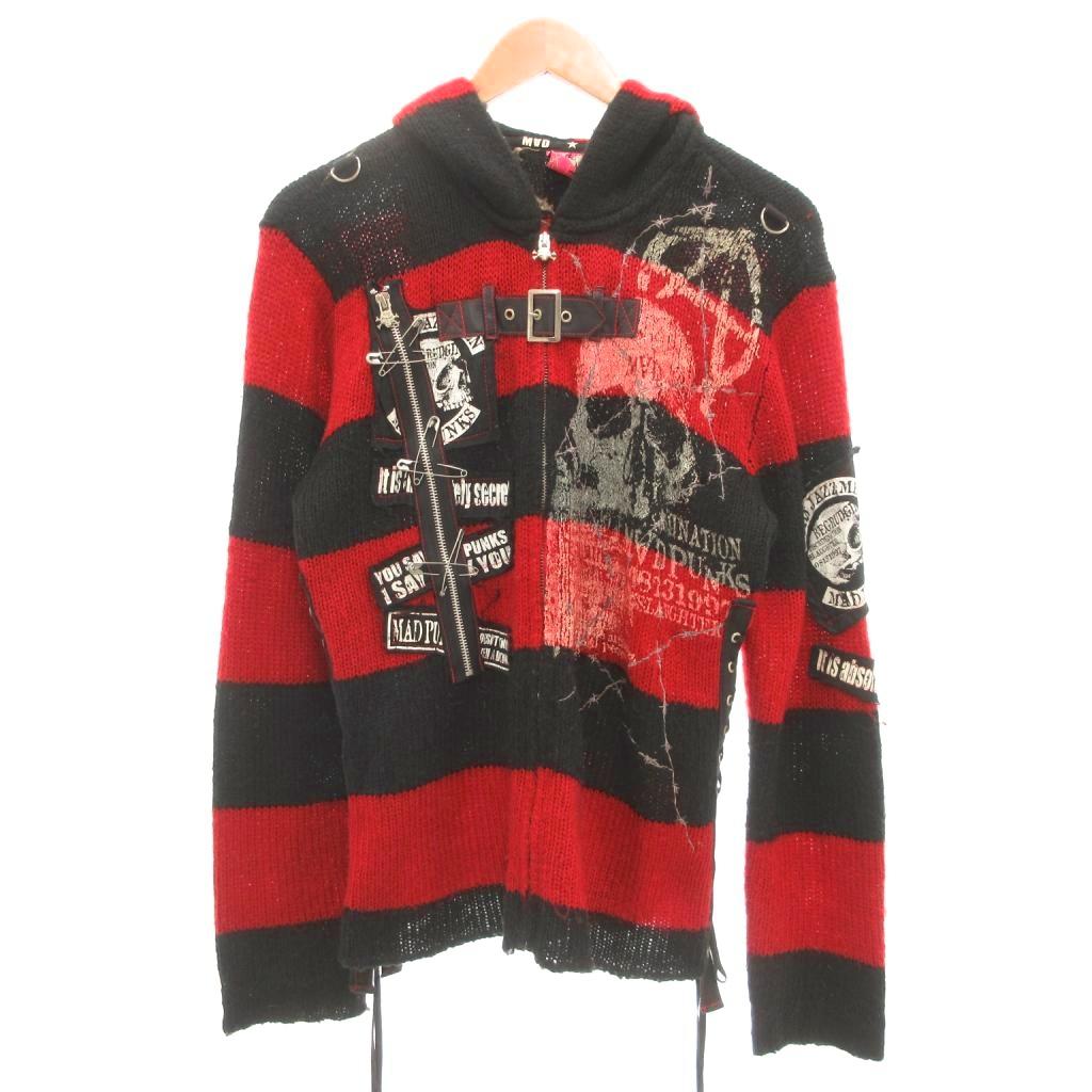 【中古】MAD GIRL ジップアップ ニット パーカー ボーダー ネコ耳フード パンク スカルプリント F レッ..