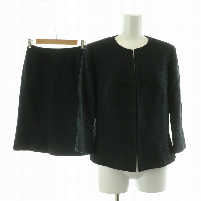 【中古】レリアン Leilian セットアップ 2点セット ブラックフォーマル 上下 フレアスカート ノーカラージャケット ツイード ロング 9 ブラック QO...