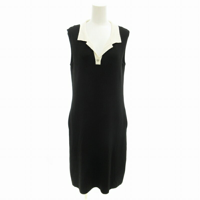 【中古】フォクシー FOXEY ニットワンピース カットストーン ビジュー バイカラー ノースリーブ ロング 40 M 白 黒 ホワイト ブラック /FF ■EC レディース 【ベクトル 古着】 241126