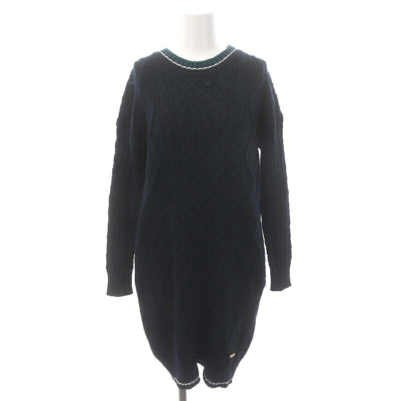 【中古】ブルーレーベルクレストブリッジ BLUE LABEL CRESTBRIDGE ケーブルニットワンピース 膝丈 長袖 ウール 38 紺 緑 白 /DO ■OS レディース 【ベクトル 古着】 240418