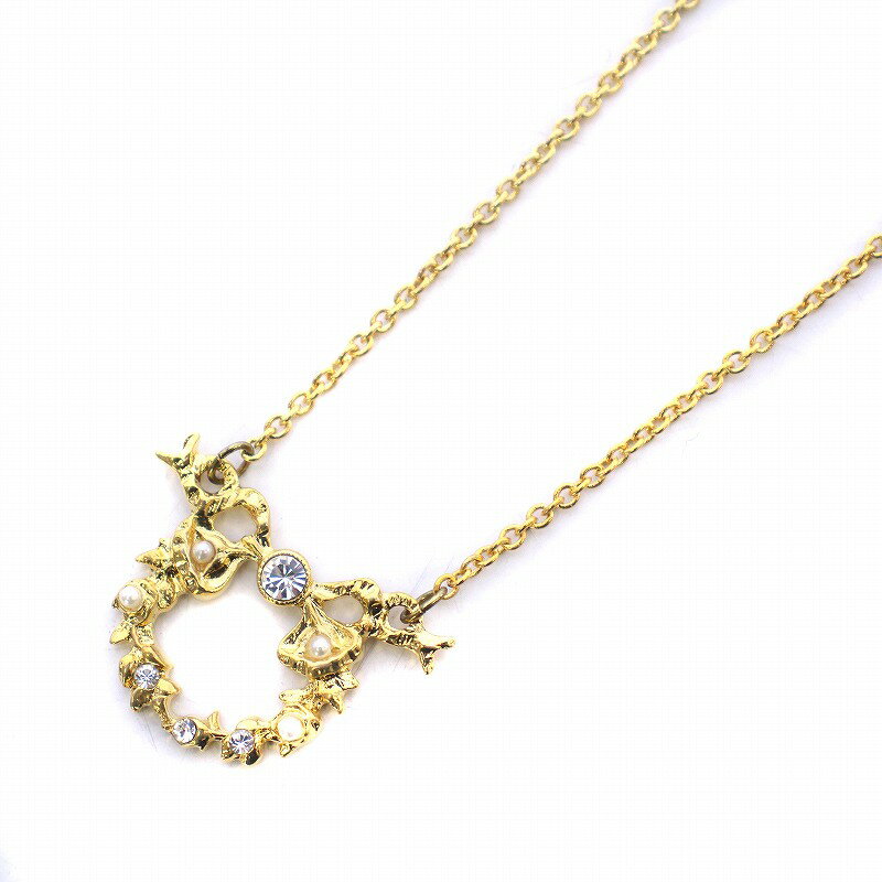 【中古】ミハエルネグリン Michal Negrin ネックレス チェーン ペンダント アクセサリー リボン ラインストーン パール 本真珠 ロゴプレート ゴールドカラー /KW レディース 【ベクトル 古着】 240418