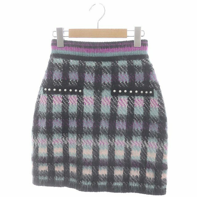 エミリアウィズ EmiriaWiz Cotton cloud check knit skirt スカート 台形 ミニ チェック ニット パール装飾 S 黒 紫 ライトブルー /HK ■OS レディース  240521