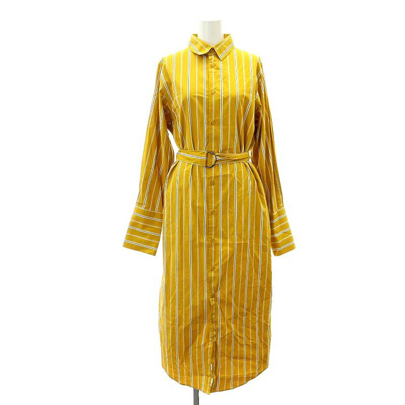 【中古】B&Y ユナイテッドアローズ BEAUTY&YOUTH ビューティー&ユース マルチストライプシャツワンピース 長袖 ロング ベルト付き コットン マスタード色 白 黒 /NR ■OS レディース 【ベクトル 古着】 240726