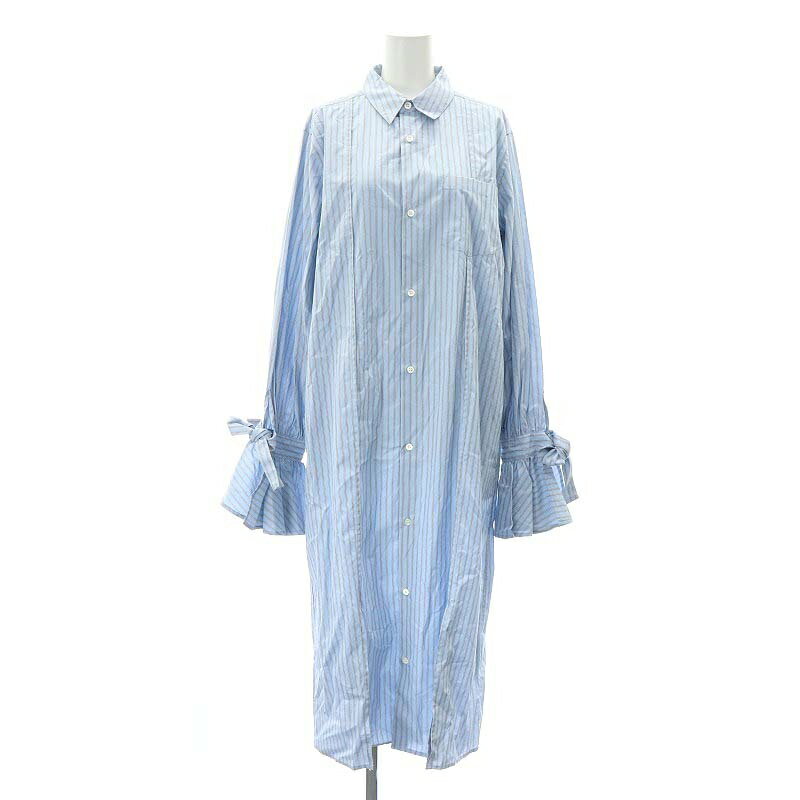 【中古】未使用品 スドーク soduk 22SS puff shirt dress シャツワンピース ロング 長袖 ストライプ 前開き スリット F 水色 黒 白 /ES ■OS レディース 【ベクトル 古着】 240830