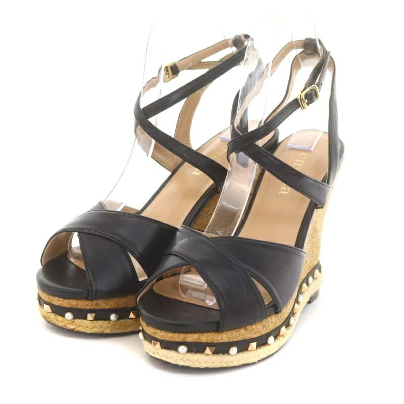 【中古】エミリアウィズ EmiriaWiz ウェッジソール スタッズ サンダル ストライプ L 24.5cm 黒 ブラック べージュ /SR レディース 【ベクトル 古着】 241009