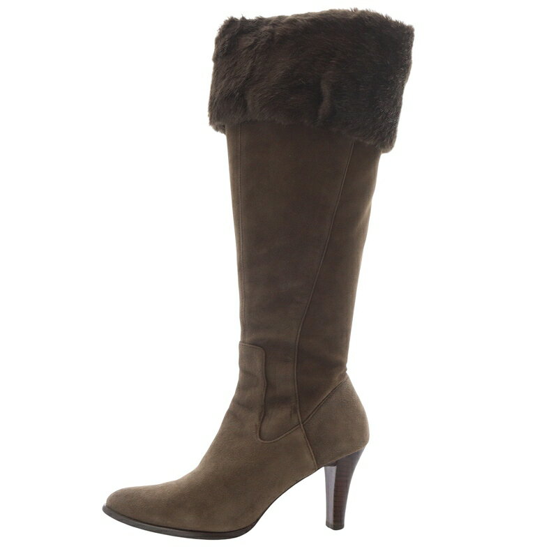 【中古】銀座かねまつ GINZA Kanematsu ファー ロングブーツ ハイヒール スエード 23.5cm 茶色 ブラウ..