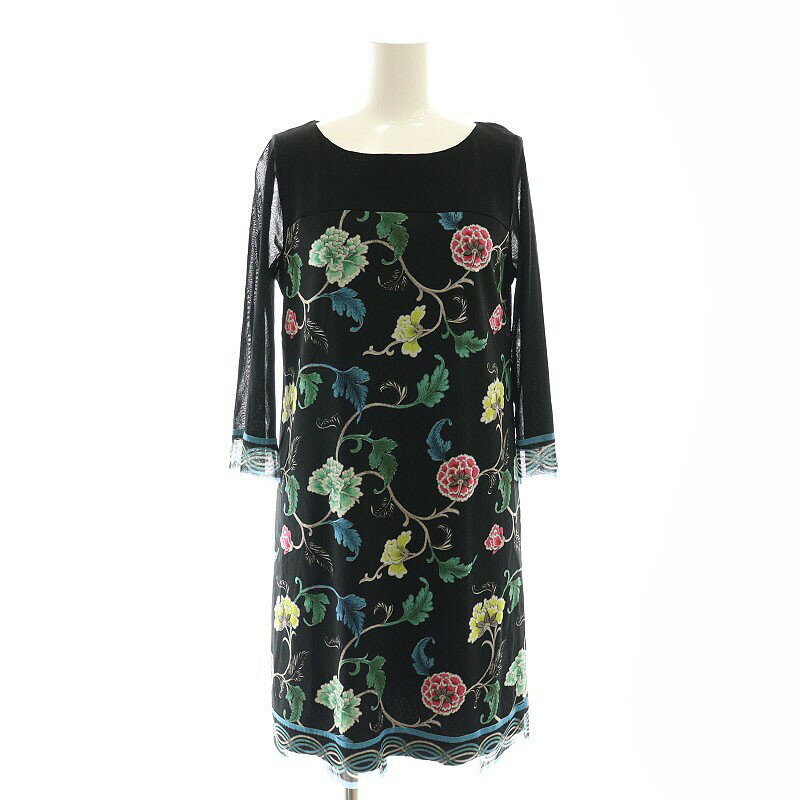 【中古】ヴィヴィアンタム VIVIENNE TAM フラワープリントワンピース ミニ 七分袖 0 ブラック マルチカラー /DO ■OS レディース 【ベクトル 古着】 250325