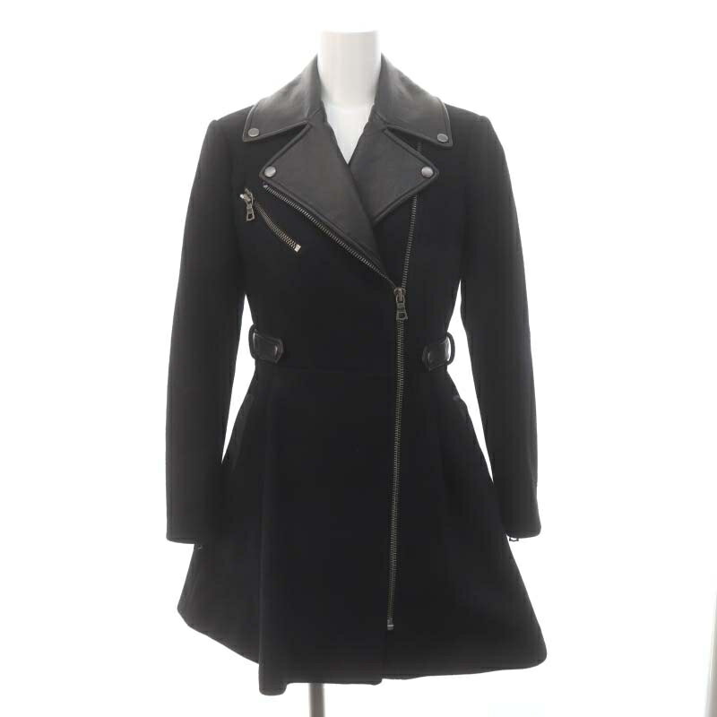 【中古】アリスアンドオリビア alice + olivia ウールナイロン コート ライダース 切替 シープレザー ジップアップ アウター ロング XS/TP 黒 ブラック /HS ■OS レディース 【ベクトル 古着】 250324