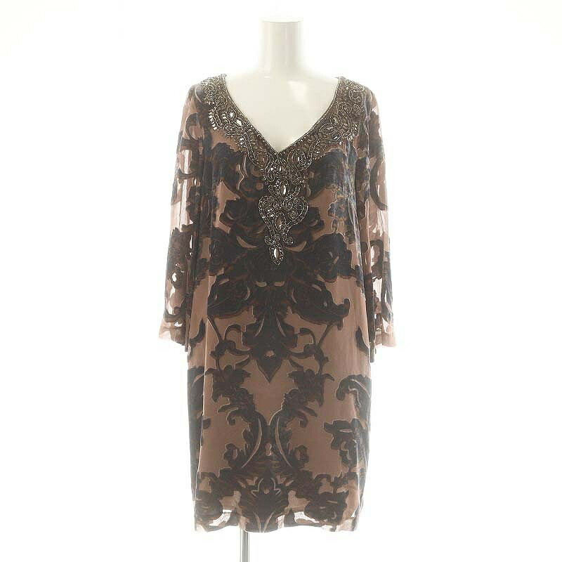 【中古】ダイアグラム グレースコンチネンタル Diagram GRACE CONTINENTAL シルク ビーズ刺繍 ワンピース 膝丈 七分袖 36 ブラウン /HK ■OS レディース 【ベクトル 古着】 250515