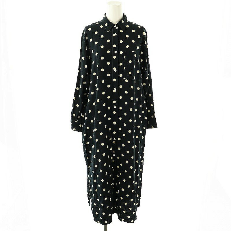 【中古】ユナイテッドアローズ UNITED ARROWS プリント シャツワンピース ロング 長袖 ドット 水玉 36 ネイビー 白 /ES ■OS レディース 【ベクトル 古着】 250508
