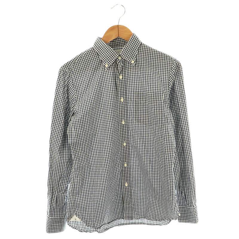 【中古】エディフィス EDIFICE ボタンダウンシャツ スタンドカラー 長袖 チェック 46 白 ホワイト 紺 ..