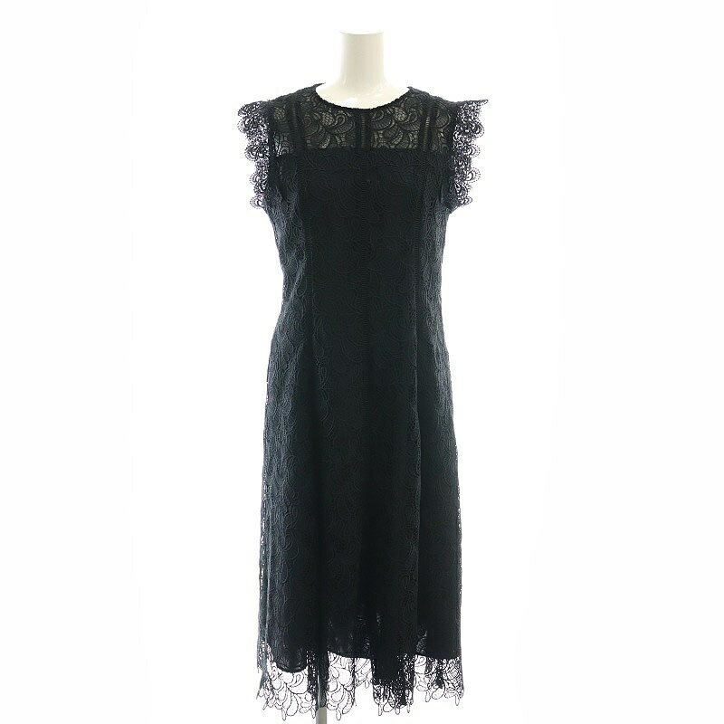 【中古】アナイ ANAYI リーフボーダーレースフレア ワンピース ロング 38 ブラック ネイビー /ES ■OS レディース 【ベクトル 古着】 250602のサムネイル