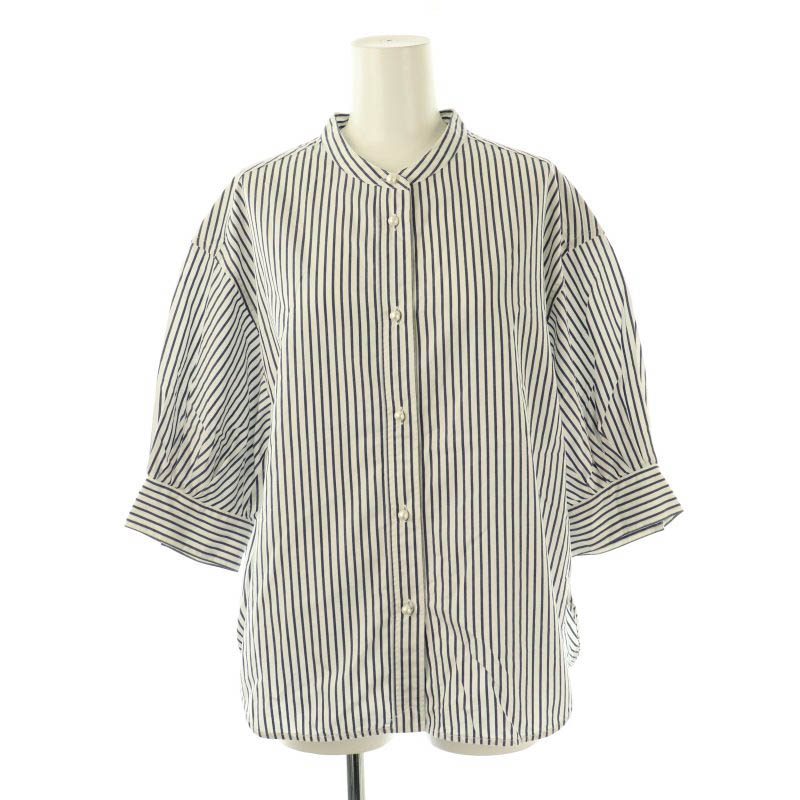 【中古】スピック&スパン Spick&Span バンドカラーストライプ柄長袖シャツ ブラウス 七分袖 前開き コットン F 白 紺 /NR ■OS レディース 【ベクトル 古着】 250627のサムネイル
