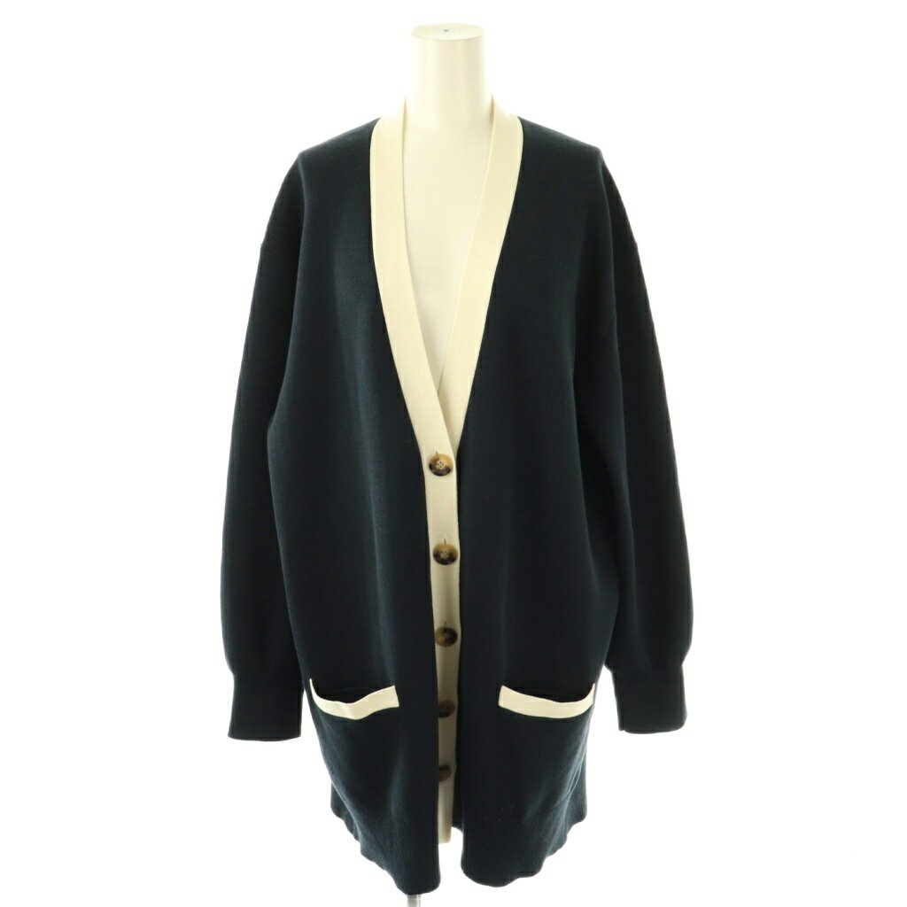 【中古】ドレステリア DRESSTERIOR Vネックオーバーサイズカーディガン ニット 長袖 コットン 38 濃紺 白 085-34021 /NR ■OS レディース 【ベクトル 古着】 250902