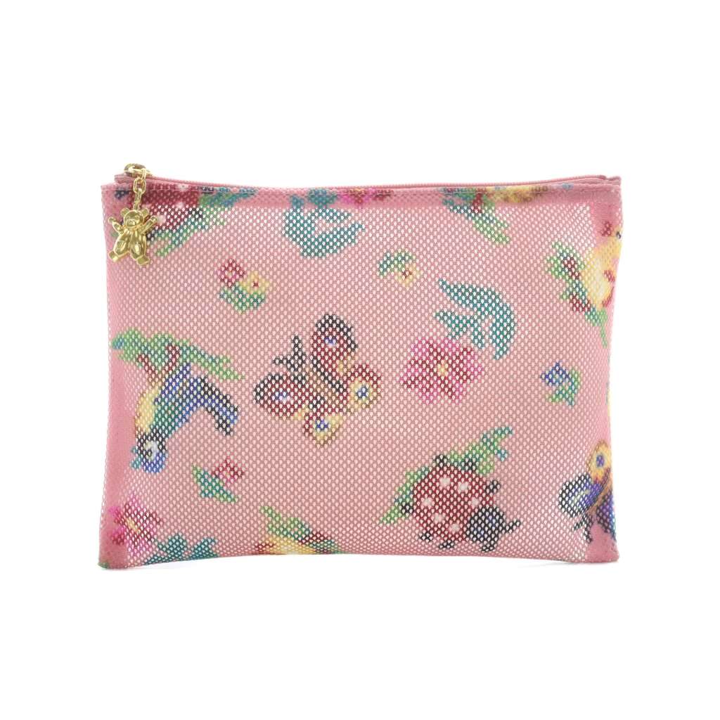 【中古】フェイラー FEILER ハイジ メッシュポーチ ピンク 総柄 花 蝶 鳥 てんとう虫 HEMP-231350 /RI■OS レディース 【ベクトル 古着】 251007