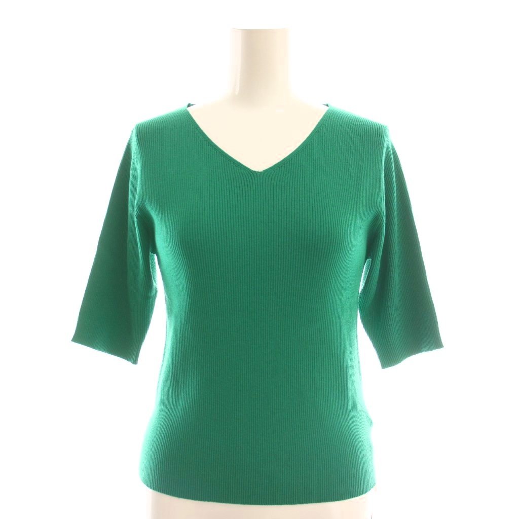 【中古】未使用品 ストロベリーフィールズ STRAWBERRY-FIELDS 25SS Vネック5分袖リブニット カットソー 2 緑 グリーン /AT ■OS レディース 【ベクトル 古着】 250925