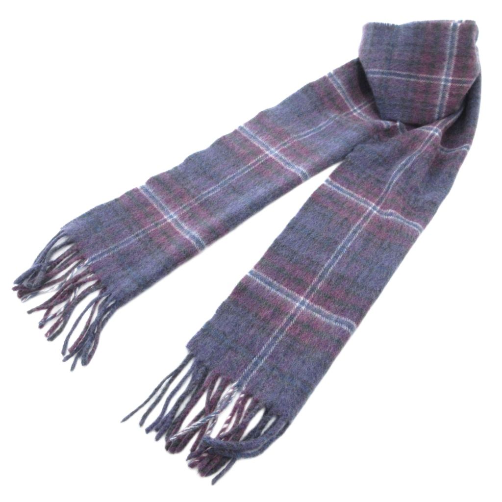 【中古】ロキャロン LOCHCARRON 美品 カシミヤ チェック マフラー スコットランド製 パープル ブルー /..