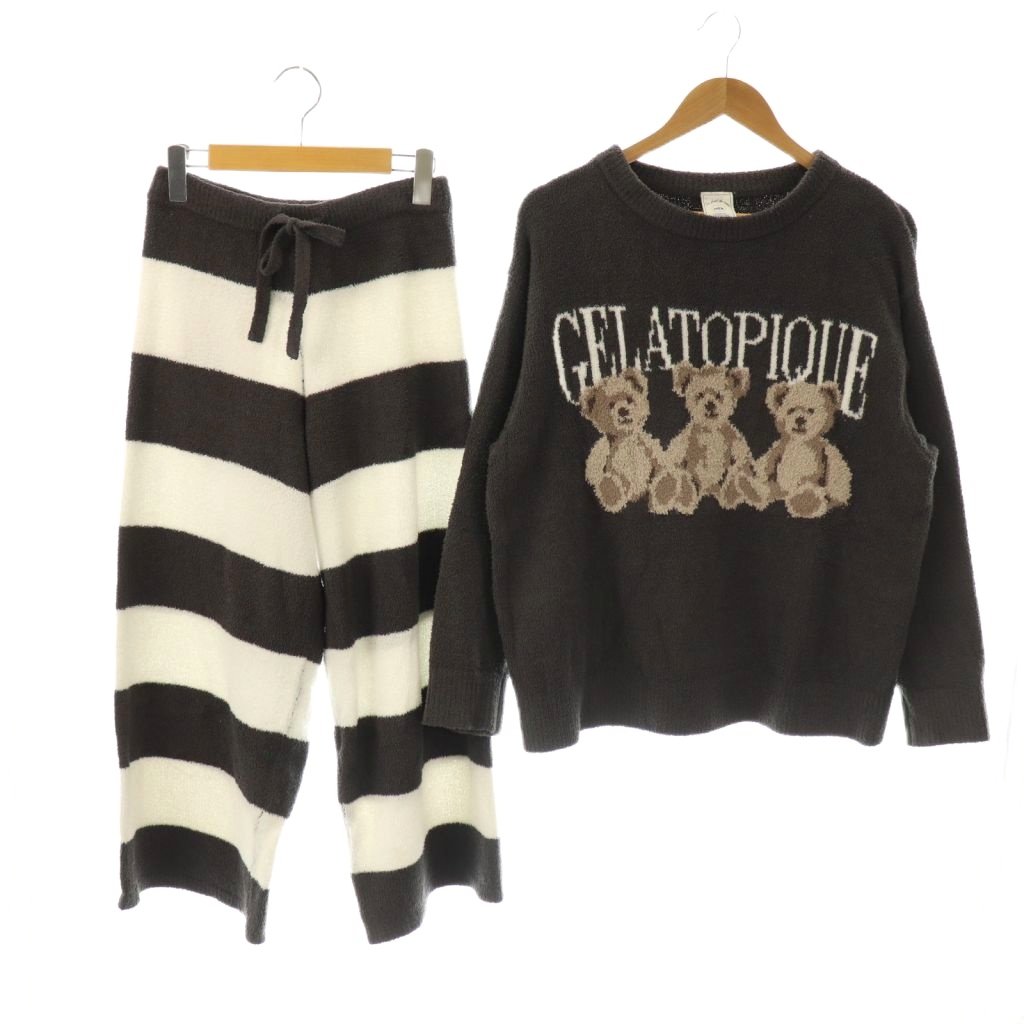 【中古】ジェラートピケ gelato pique セットアップ 上下 モチーフJQDプルオーバー ニット 長袖 ワイドパンツ ルームウェア 部屋着 ナイトウエア パジャマ F ダークグレー 白 /NR ■OS レディース 【ベクトル 古着】 251124