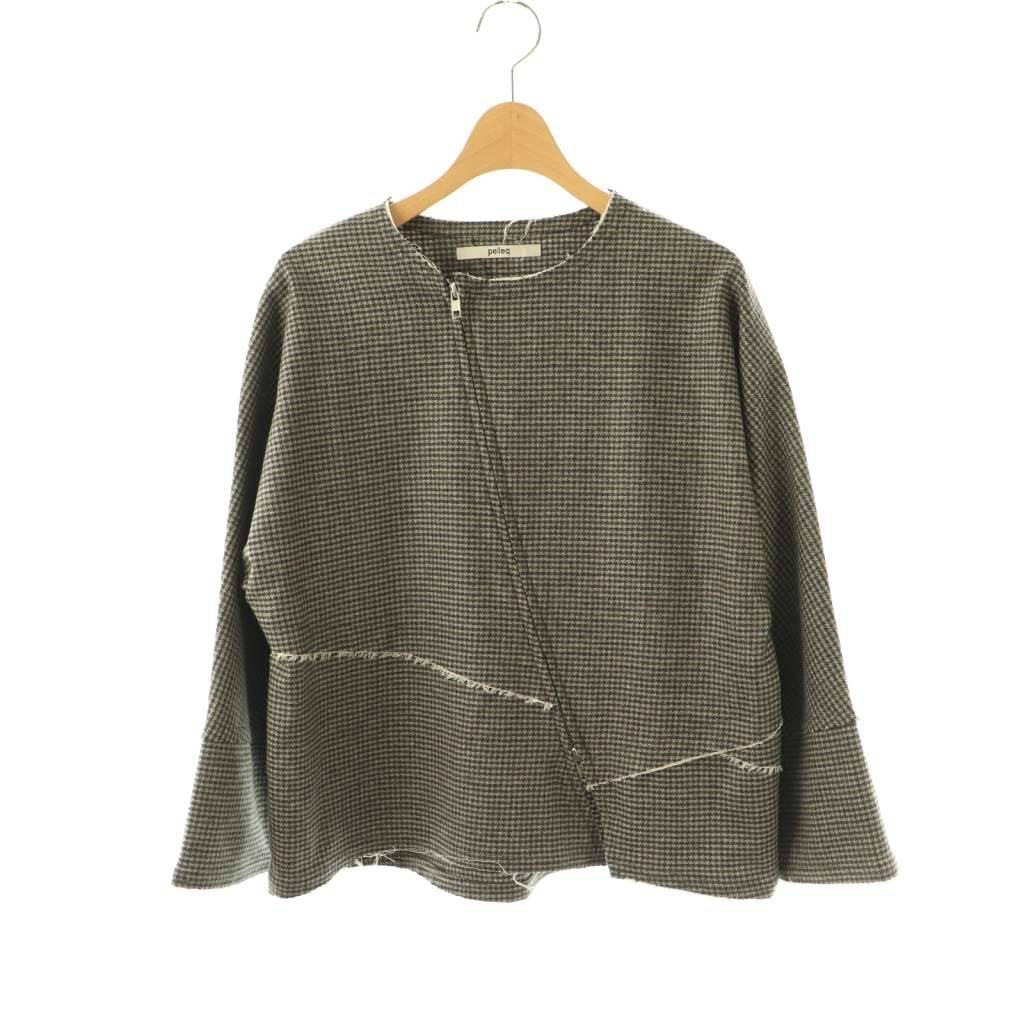ペレック pelleq 25AW houndstooth diagonal shirts シャツジャケット ジップアップ ノーカラー ウール 36 グレー カーキ ネイビー /DO ■OS レディース  260309