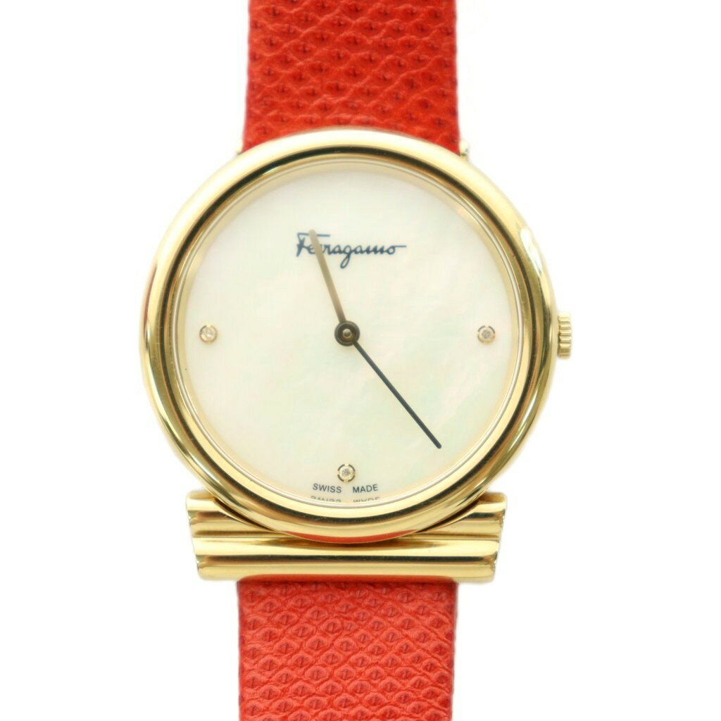 【中古】サルヴァトーレフェラガモ Salvatore Ferragamo ジャンク品 ガンチーニ シェル ダイヤ3P 腕時計 ウォッチ クォーツ レザーバンド 白文字盤 2針 ゴールドカラー 赤 レッド /BB ■OH レディース 【ベクトル 古着】 260525