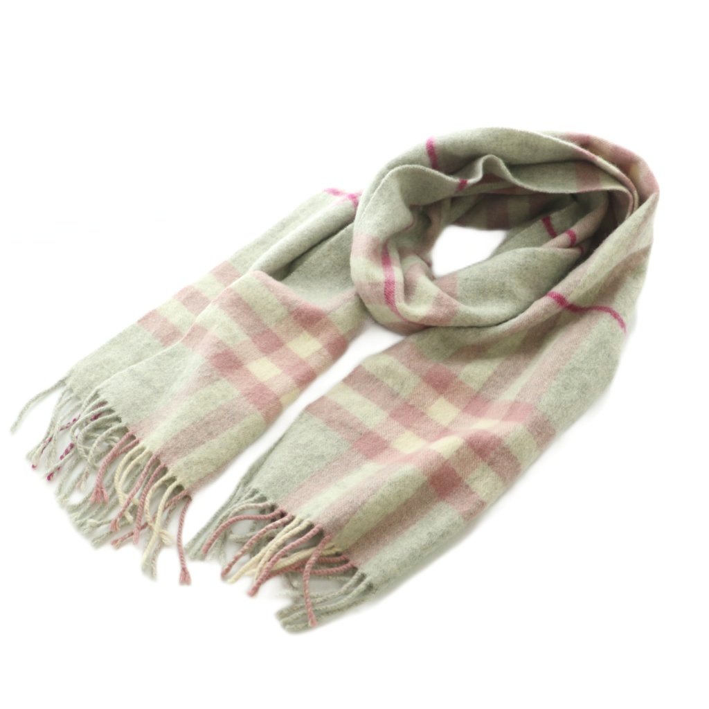 【中古】バーバリー BURBERRY マフラー カシミヤ チェック柄 フリンジ 168×30cm グレー ピンク /MI ■OS レディース 【ベクトル 古着】 260331