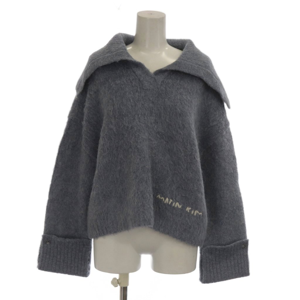 【中古】マーティンキム Matin Kim ニット セーター ウール混 F 水色 ライトブルー ビッグカラー Vネック 長袖 ロゴ刺繍 /AG ■OS レディース 【ベクトル 古着】 260421