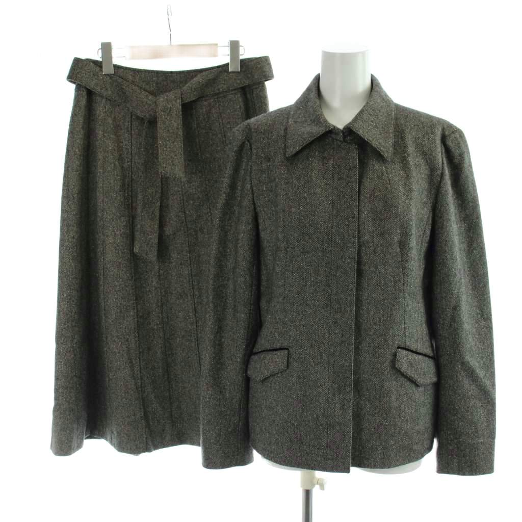 【中古】自由区 オンワード樫山 ジャケット スカート セット スーツ 絹 シルク カシミヤ混 40 ダークグレー ミディ丈 Aライン /AB ■OS レディース 【ベクトル 古着】 260417