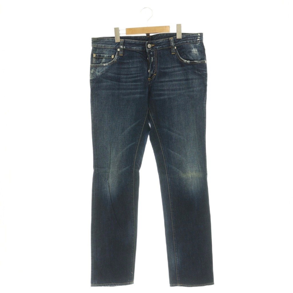 [Used] Dsquared2 Leather Patch Denim Jeans, Straight Leg, Button Fly, Distressed Finish, Size 52, Indigo Blue /DO ■OS Men's [Vector Used Clothing] 260619