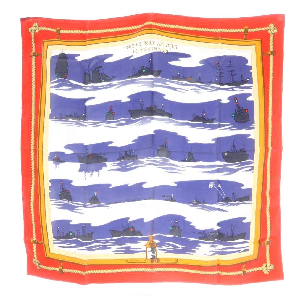 エルメス HERMES FEUX DE ROUTE APERCUS LA NUIT EN MER 夜の海に光る航路灯 スカーフ 赤 レッド カレ90 /SR ■OH レディース  260624