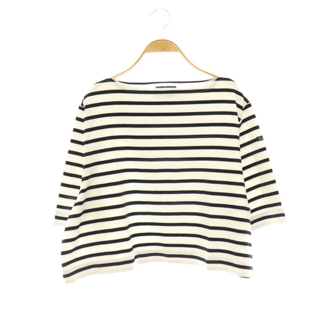 未使用品 ルミノア Leminor ×ミラオーウェン 24AW 短丈ワイドボーダートップス カットソー Tシャツ ボートネック 七分袖 F 白 黒 /HS ■OS レディース  260703