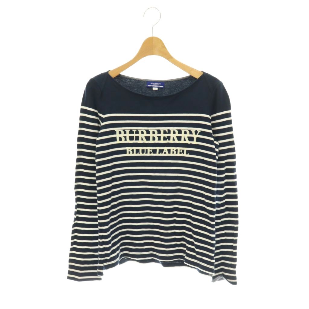 【中古】バーバリーブルーレーベル BURBERRY BLUE LABEL ロゴプリント ボーダー ボートネック カットソー 長袖 38 紺 ネイビー /HS ■OS レディース 【ベクトル 古着】 260806