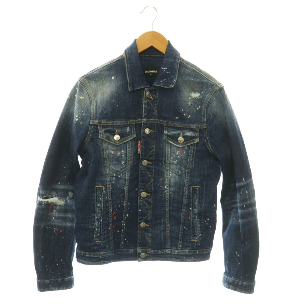 【中古】ディースクエアード DSQUARED2 DAN JEAN JACKET デニムジャケット Gジャン ジージャン ペイント加工 ストレッチ 44 インディゴ 3 S74AM1563 /HS ■OS メンズ 【ベクトル 古着】 260810