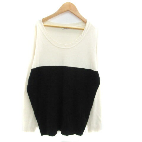 【中古】マウジー moussy ニット カットソー ラウンドネック 長袖 オーバーサイズ F バイカラー オフホワイト 黒 ブラック /HO12 レディース 【ベクトル 古着】 230215