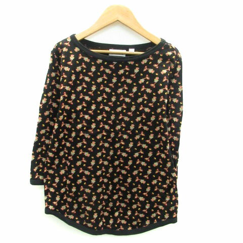 【中古】ビームスボーイ BEAMS BOY Tシャツ カットソー ラウンドネック 七分袖 総柄 マルチカラー 黒 ブラック /HO48 レディース 【ベクトル 古着】 230216