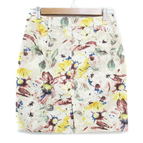 【中古】アダムエロペ Adam et Rope' タイトスカート ひざ丈 花柄 マルチカラー スリット 36 ベージュ 赤 レッド /FF34 レディース 【ベクトル 古着】 230516