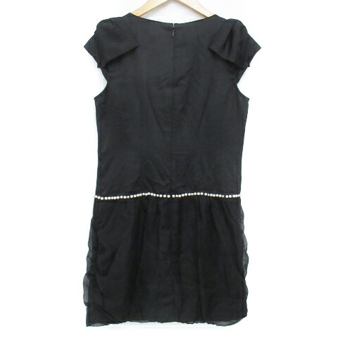 【中古】アプワイザーリュクス Apuweiser Luxe フレアワンピース ミニ丈 半袖 ラウンドネック 切替 リボン ビーズ 2 黒 ブラック /FF15 レディース 【ベクトル 古着】 230612