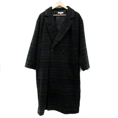 【中古】マウジー moussy チェスターコート ロング丈 チェック柄 ダブルボタン ウール混 2 マルチカラー 黒 ブラック /YS3 レディース 【ベクトル 古着】 230908