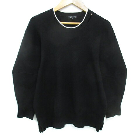 【中古】インディヴィ INDIVI ニット カットソー 長袖 クルーネック 無地 38 黒 白 ブラック ホワイト ..