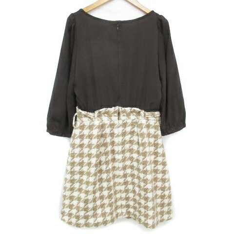 【中古】アプワイザーリッシェ Apuweiser-riche フレアワンピース ひざ丈 七分袖 ラウンドネック 切替 透け感 千鳥格子柄 ウール混 2 茶 白 ブラウン ホワイト /FF23 レディース 【ベクトル 古着】 230809