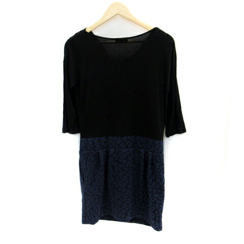 【中古】ロペピクニック ROPE Picnic ワンピース ひざ丈 七分袖 ボートネック 切替 ヒョウ柄 レオパード柄 38 黒 ブラック 紺 ネイビー /SM37 レディース 【ベクトル 古着】 230817