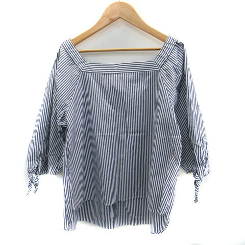 【中古】クローラ crolla ブラウス カットソー 七分袖 スクエアネック ストライプ柄 36 紺 ネイビー 白 ホワイト /SM2 レディース 【ベクトル 古着】 230810