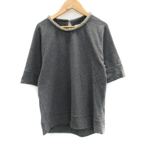【中古】グリーンレーベルリラクシング ユナイテッドアローズ green label relaxing カットソー 七分袖 ラウンドネック ビジュー グレー /SM15 レディース 【ベクトル 古着】 230810