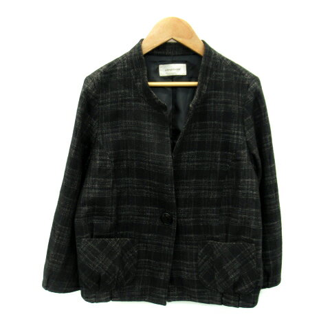 Wool - 【中古】シンプリシテェ Simplicite ノーカラージャケット ミドル丈 チェック柄 総裏地 ウール 黒 ブラック /SY47 レディース 【ベクトル 古着】 230804