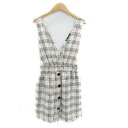 【中古】ザラ ZARA ジャンパースカート Vネック ノースリーブ ミニ丈 チェック柄 フリンジ XS オフホワイト 黒 ブラック /HO52 レディース 【ベ...