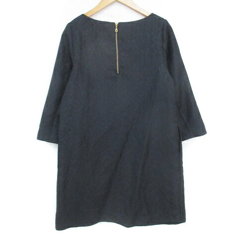 【中古】テチチ Te chichi ワンピース ひざ丈 長袖 ラウンドネック ラメ 総柄 M 紺 緑 ネイビー グリーン /FF19 レディース 【ベクトル 古着】 230821