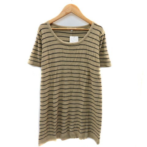 【中古】グローブ grove チュニック ニット カットソー 半袖 Uネック ボーダー柄 L ベージュ /YK13 レディース 【ベクトル 古着】 230825